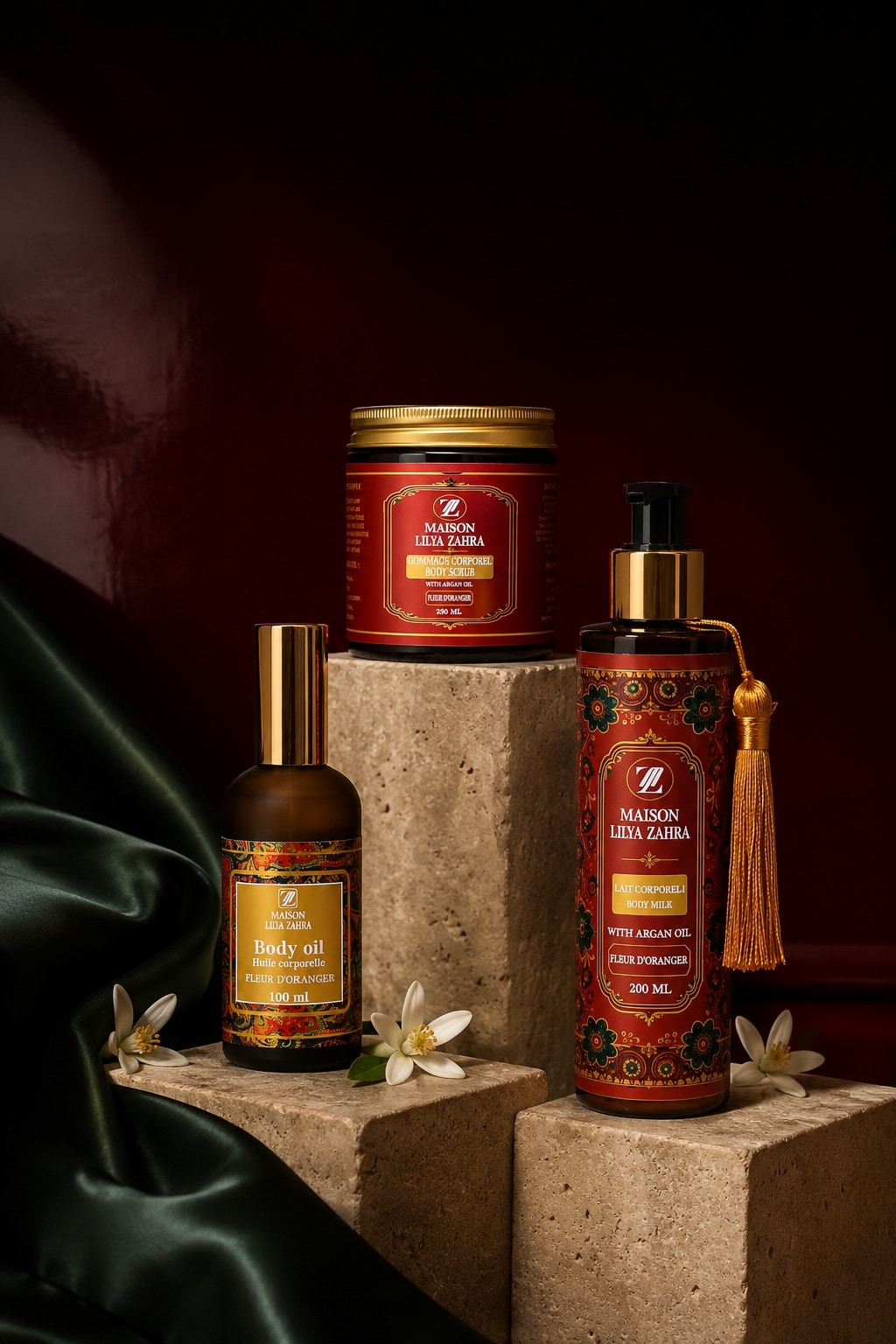 Maison Lilya Zahra body oil, body scrub and body milk arranged on stone.